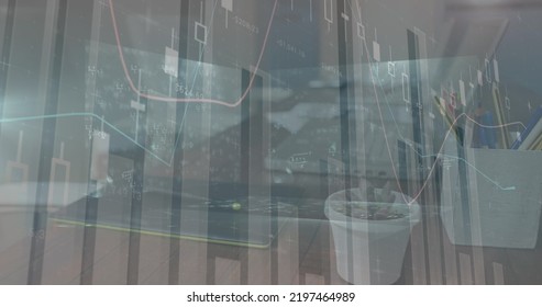 Image of statistics processing over cityscape. global business and data processing concept digitally generated image.
