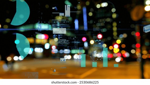 Image of statistics processing over cityscape. business, data processing, connection, technology and digital interface concept digitally generated image.