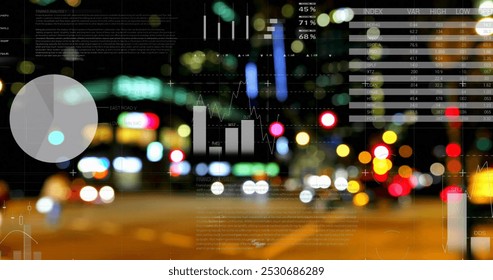 Image of statistics processing over cityscape. business, data processing, connection, technology and digital interface concept digitally generated image.