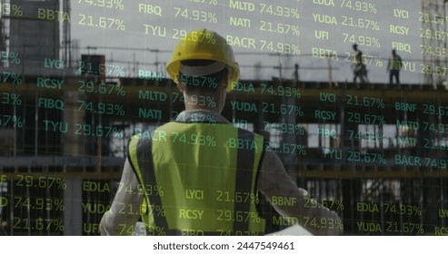 Image of statistics processing over female architect with plans at construction site. business, development and productivity concept digitally generated image.
