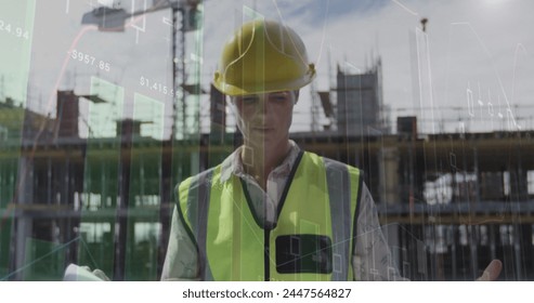 Image of statistics processing over female architect holding plans at construction site. business, development and productivity concept digitally generated image.