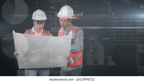 Image of statistics processing over female and male architects holding plans. business, development and productivity concept digitally generated image.