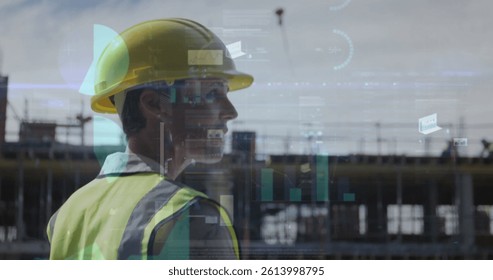 Image of statistics processing over female architect holding plans at construction site. business, development and productivity concept digitally generated image.