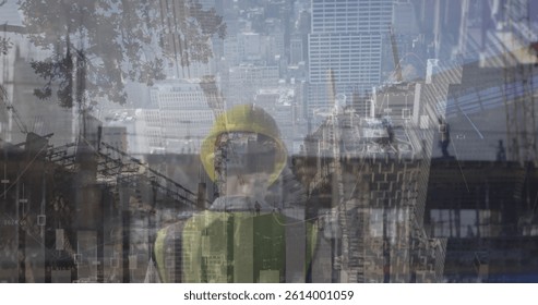 Image of statistics processing over female architect holding plans at construction site. business, development and productivity concept digitally generated image.