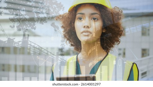 Image of statistics processing over female architect using tablet at construction site. business, development and productivity concept digitally generated image.