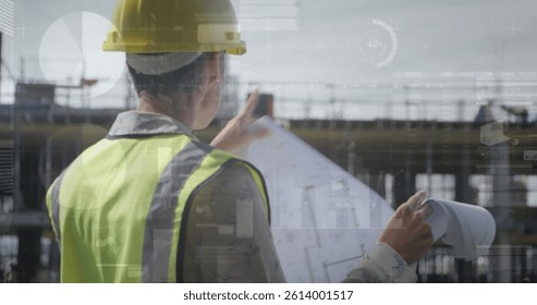 Image of statistics processing over female architect holding plans talking at construction site. business, development and productivity concept digitally generated image.