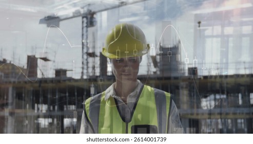 Image of statistics processing over female architect holding plans at construction site. business, development and productivity concept digitally generated image.