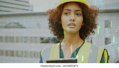 Image of statistics processing over female architect using tablet at construction site. business, development and productivity concept digitally generated image.