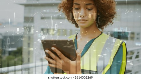 Image of statistics processing over female architect using tablet at construction site. business, development and productivity concept digitally generated image.