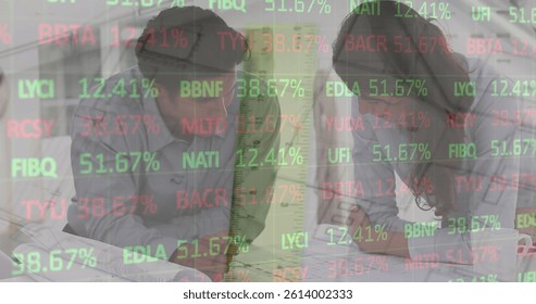 Image of statistics processing over female and male architect holding plans at construction site. business, development and productivity concept digitally generated image.