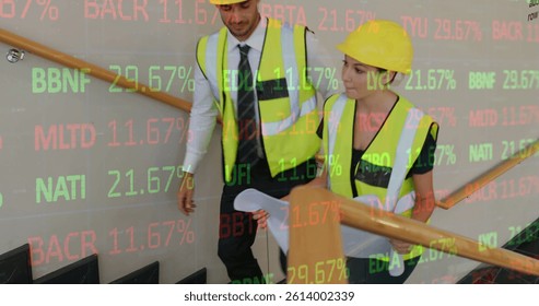 Image of statistics processing over female architect holding plans at construction site. business, development and productivity concept digitally generated image.