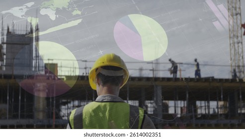 Image of statistics processing over female architect holding plans at construction site. business, development and productivity concept digitally generated image.