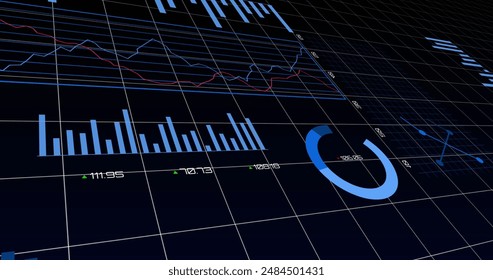 Image of statistics processing over grid. global business, data processing and technology concept digitally generated image. - Powered by Shutterstock