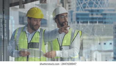 Image of statistics processing over male architects talking at construction site. business, development and productivity concept digitally generated image.