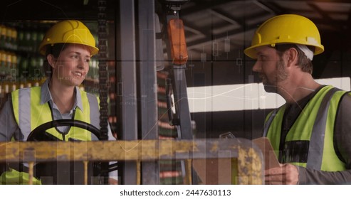 Image of statistics processing over male and female workers in warehouse. business, development and productivity concept digitally generated image.
