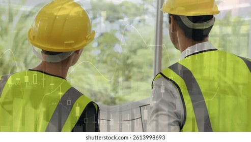 Image of statistics processing over male and female architect holding plans at construction site. business, development and productivity concept digitally generated image.