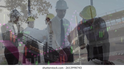 Image of statistics processing over male and female architect holding plans at construction site. business, development and productivity concept digitally generated image.