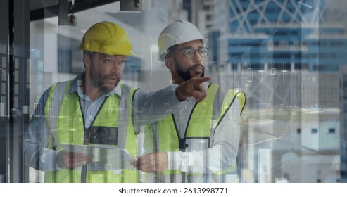 Image of statistics processing over male architects holding plans at construction site. business, development and productivity concept digitally generated image.