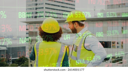 Image of statistics processing over male and female architects talking at construction site. business, development and productivity concept digitally generated image.