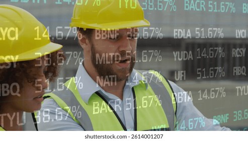 Image of statistics processing over male and female architects talking at construction site. business, development and productivity concept digitally generated image.