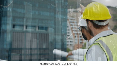 Image of statistics processing over male architects talking at construction site. business, development and productivity concept digitally generated image.