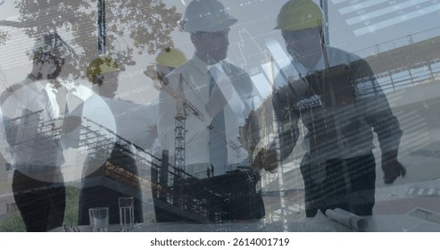 Image of statistics processing over male and female architects talking at construction site. business, development and productivity concept digitally generated image.