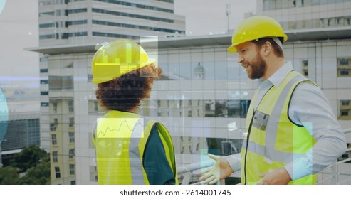 Image of statistics processing over male and female architects talking at construction site. business, development and productivity concept digitally generated image.