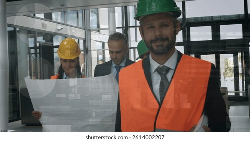 Image of statistics processing over male and female architect holding plans at construction site. business, development and productivity concept digitally generated image.