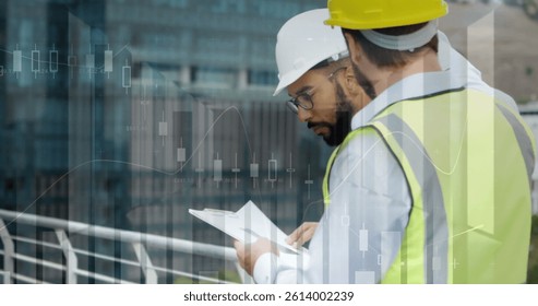 Image of statistics processing over male architects at construction site. business, development and productivity concept digitally generated image.