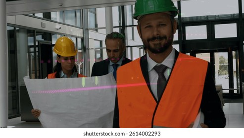 Image of statistics processing over male and female architect holding plans. business, development and productivity concept digitally generated image.