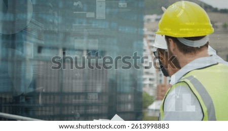 Image of statistics processing over male architects taking at construction site. business, development and productivity concept digitally generated image.