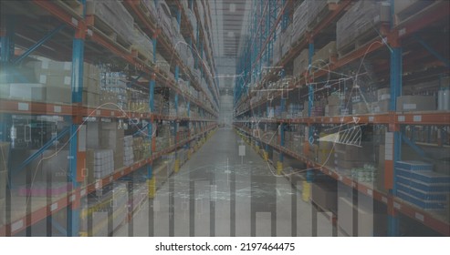Image of statistics processing over mathematical equations and warehouse. global shipping, business and data processing concept digitally generated image.