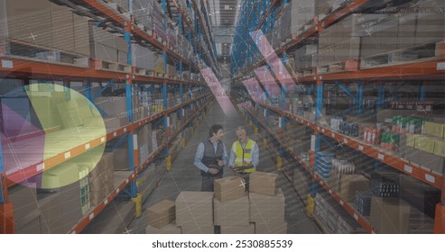 Image of statistics processing over men working in warehouse. global shipping, business, digital interface, technology and networking concept digitally generated image.