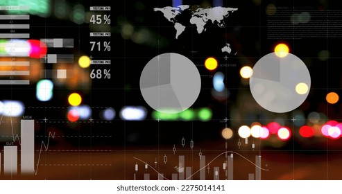 Image of statistics processing over out of focus lights and cityscape. business, data processing, connection, technology and digital interface concept digitally generated image.
