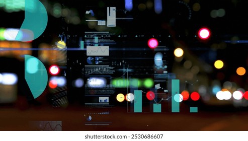 Image of statistics processing over out of focus lights and cityscape. business, data processing, connection, technology and digital interface concept digitally generated image.