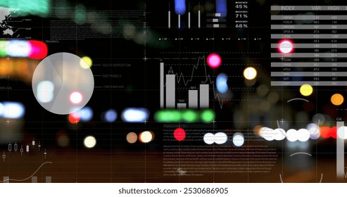 Image of statistics processing over out of focus lights and cityscape. business, data processing, connection, technology and digital interface concept digitally generated image.