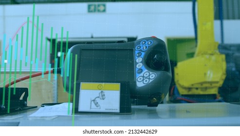 Image of statistics processing over robots and machines in warehouse background. global shipping, business and data processing concept digitally generated image.