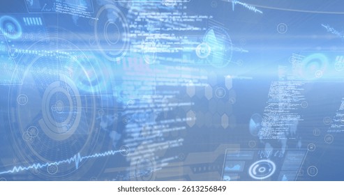 Image of statistics processing over scopes scanning. global business, finances, data processing and digital interface concept digitally generated image.