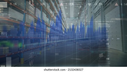 Image of statistics processing over warehouse in background. global shipping, business and data processing concept digitally generated image.