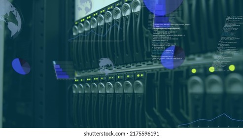 Image of statistics recording and data processing over computer server. digital interface, global technology, connection and communication concept digitally generated image.