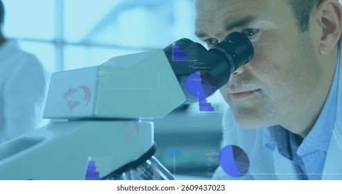 Image of statistics recording and data processing over scientist working in laboratory. digital interface, global technology, connection and science concept digitally generated image.