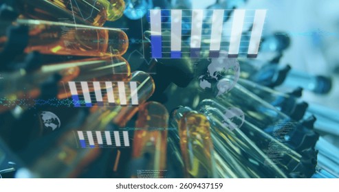 Image of statistics recording and data processing over scientific laboratory. digital interface, global technology, connection and science concept digitally generated image.