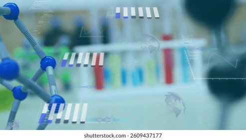 Image of statistics recording and data processing over scientific laboratory. digital interface, global technology, connection and science concept digitally generated image.