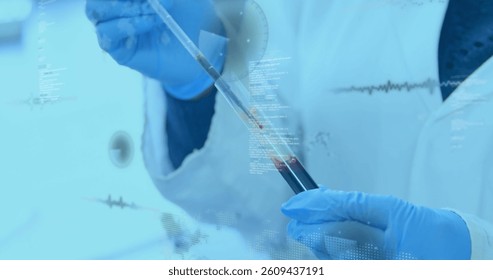 Image of statistics recording and data processing over scientist holding test tube in laboratory. digital interface, global technology, connection and science concept digitally generated image.