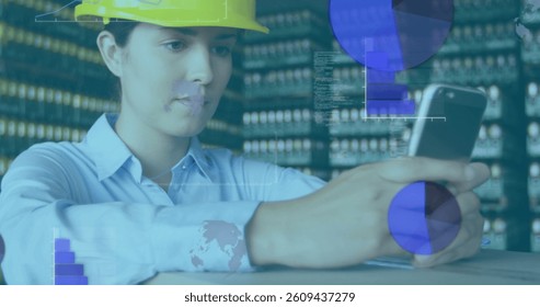 Image of statistics recording and data processing over woman using smartphone. digital interface, global technology, connection and communication concept digitally generated image.