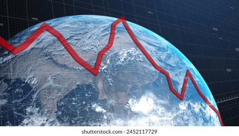 Image of statistics with red line and data processing over earth globe on blue background. Global business, environment and data processing concept digitally generated image.