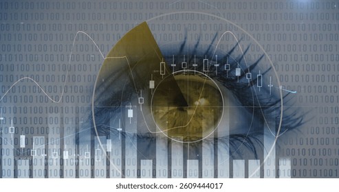Image of statistics and scope scanning with binary coding over woman's eye in background. global connections, technology and digital interfaces concept digitally generated image.