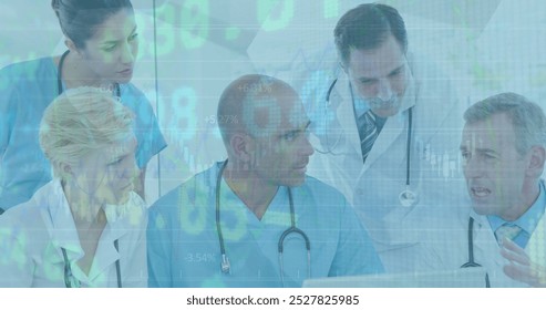 Image of stock market data and graphs moving over caucasian doctor explaining to coworkers. Digital composite, multiple exposure, investment, report, teamwork, medical, healthcare, hospital. - Powered by Shutterstock