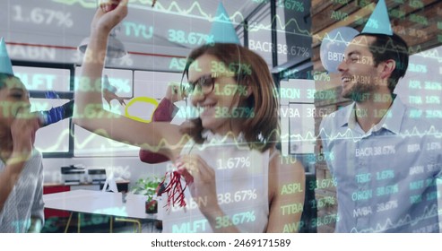 Image of stock market data moving over multiracial colleague dancing in office party. Digital composite, business, report, finance, investment, teamwork, happy, party hat, horn blower, fun. - Powered by Shutterstock