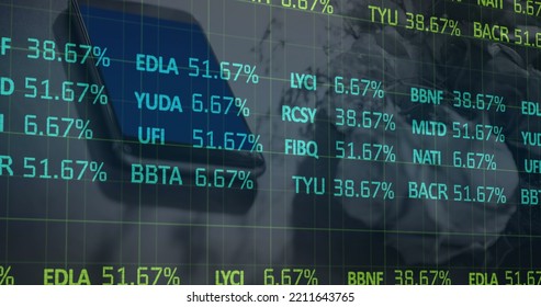 Image of stock market data processing against close up of a smartphone. Global economy and business technology concept